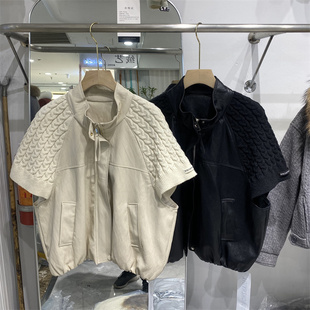 新中式2026春款针织拼接立领皮衣马甲女新款短款百搭时尚拉链外套