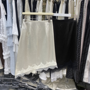 YLMY26033春款蕾丝拼接半身裙女松紧高腰显瘦A字中长款花边裙子