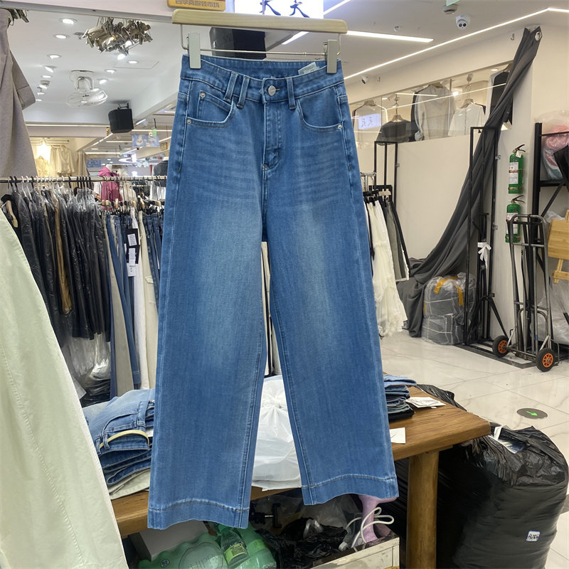 DMJ5278春款四面弹高腰显瘦直筒牛仔裤女九分百搭小个子蓝色裤子