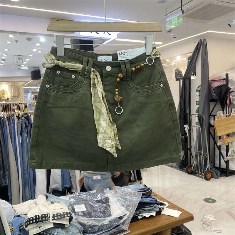 MOK6322夏款休闲高腰牛仔半身裙女百搭显瘦A字短裙军绿色腰带装饰