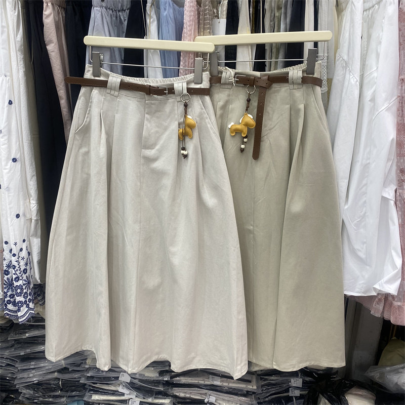 YLMY98008春款文艺风高腰显瘦A字半身裙女中长款口袋休闲百搭伞裙