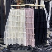 法式 浪漫风多层蛋糕裙半身裙女春垂坠感木耳边中长款 超仙压褶纱裙