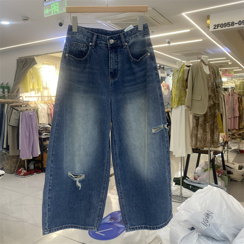 欧制61803夏款高腰破洞弯刀裤女九分牛仔裤宽松显瘦蓝色气球裤