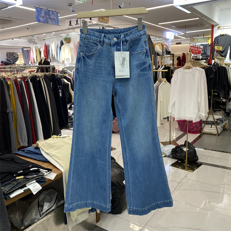 ZMJ6906春款高腰显瘦微喇牛仔裤女蓝色阔腿长裤四面弹十分喇叭裤