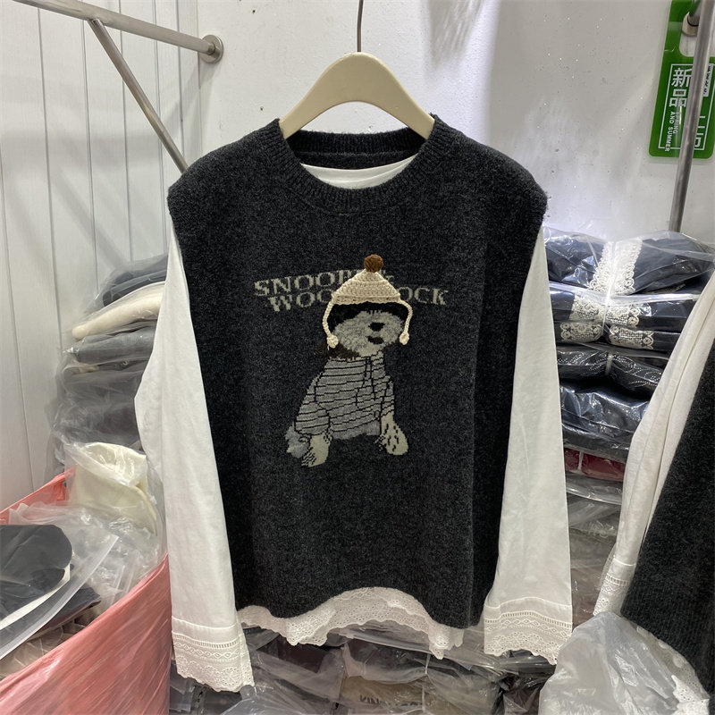 韩式2025卡通小狗针织衫女冬宽松显瘦圆领毛衣慵懒风蕾丝T恤套装