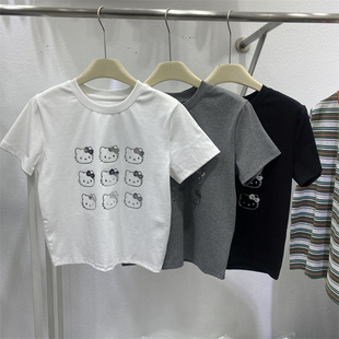 韩版2026春款卡通笑脸猫印花短袖T恤女百搭圆领上衣夏季新款短款