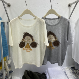 欧货2026春夏款卡通可爱风女孩印花短袖T恤女薄款宽松上衣新款