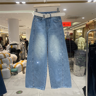 DMJ8657春款复古做旧高腰弯刀牛仔裤女宽松显瘦阔腿长裤亮钻水洗