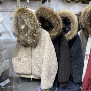 中式2025冬款加绒毛领连帽短外套女保暖羊羔毛夹克开衫加厚羽绒服