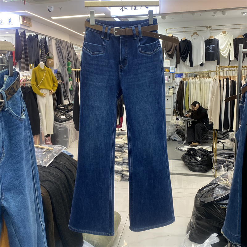 高腰显瘦微喇牛仔长裤弹力复合绒