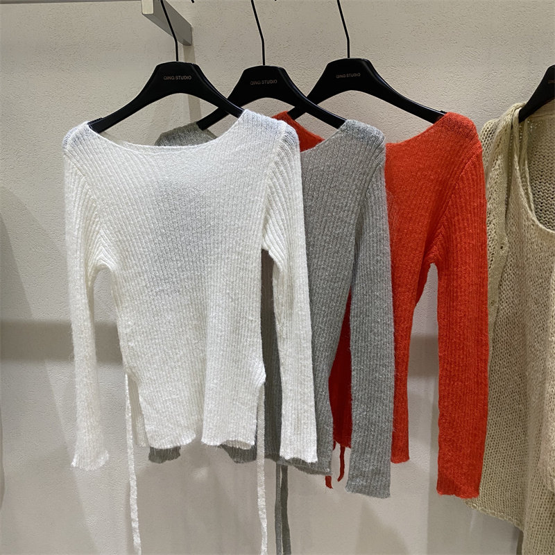 法式2026春款极简风修身羊毛衫女一字领系带显瘦长袖针织镂空上衣