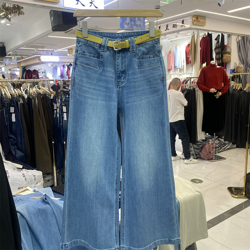 ZMJ6927春款高腰显瘦微喇牛仔裤女配腰带四面弹九分裤休闲阔腿裤