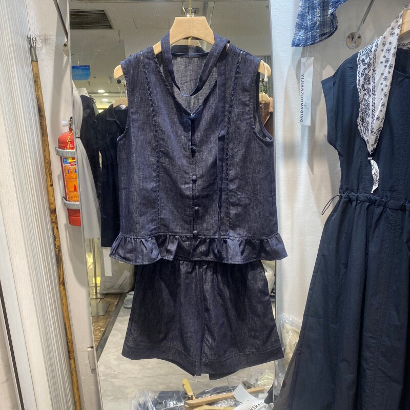 夏季牛仔风无袖荷叶边短外套套装