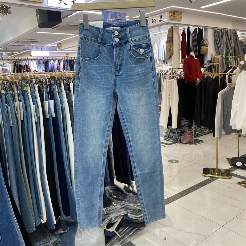 KIM MO2616春款高腰显瘦九分牛仔裤女弹力小脚蓝色修身毛边铅笔裤,女装/女士精品,牛仔裤,淘宝优惠券,粉丝福利购,淘宝优惠卷