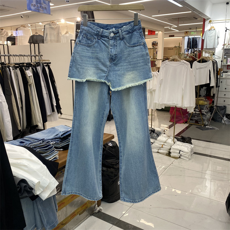 TOP9170春款假两件屁帘牛仔裤女高腰显瘦微喇长裤蓝色修身显腿长