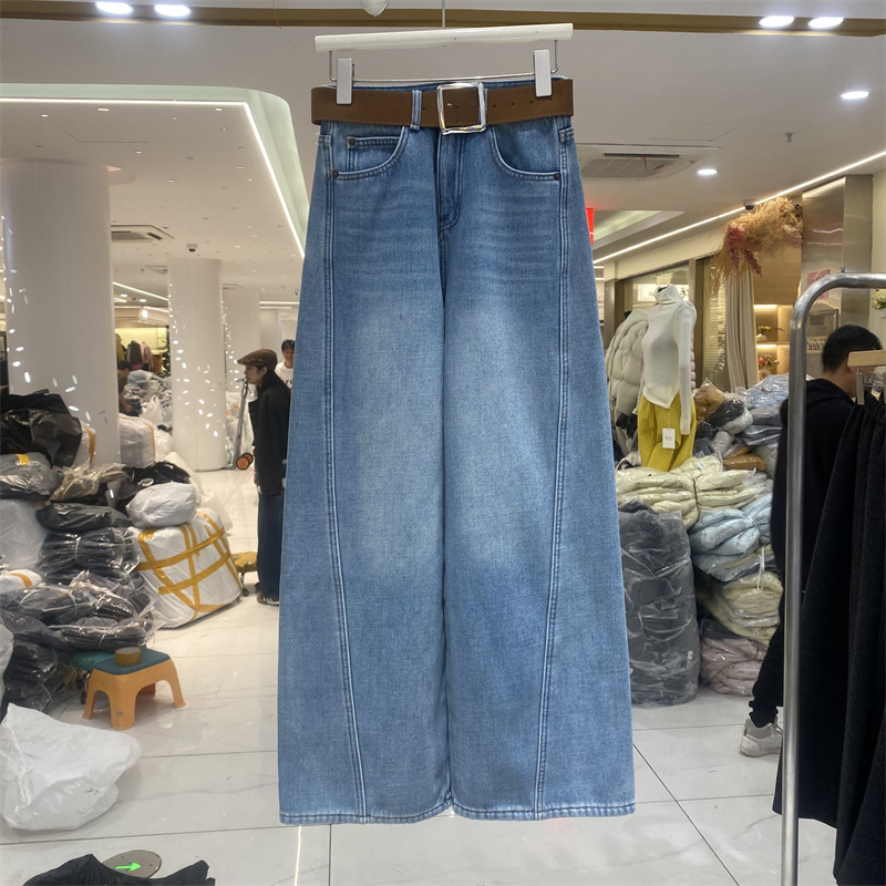 2025新款高腰阔腿牛仔裤加绒长裤