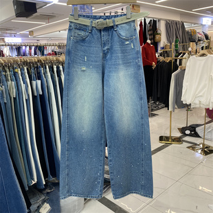 ZMJ8010春款复古高腰破洞牛仔阔腿裤女宽松显瘦直筒百搭垂感长裤