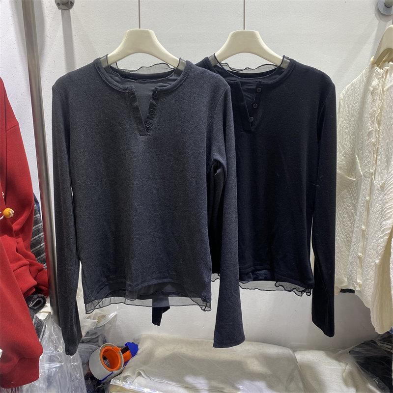 法式冬款针织蕾丝网纱小V领T恤