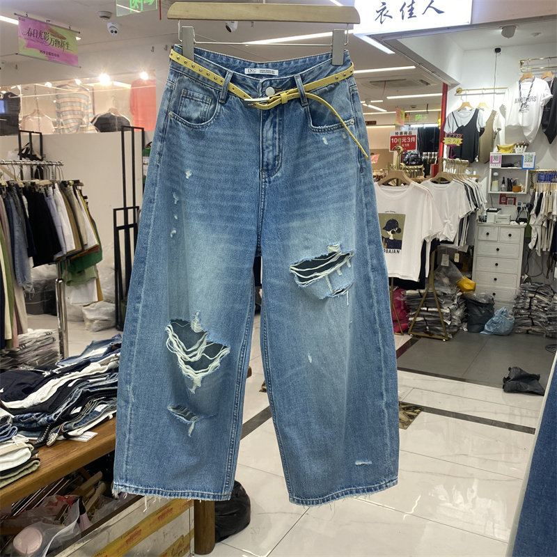 夏季高腰破洞阔腿八分牛仔裤女