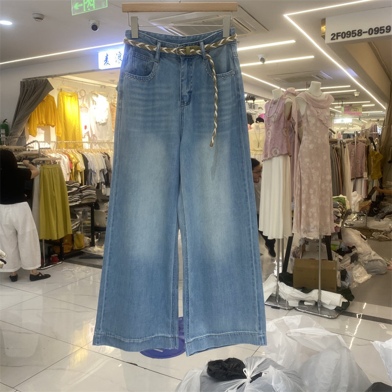 TOP61812夏款高腰系带牛仔阔腿裤女新款薄款显瘦垂感直筒裤长裤