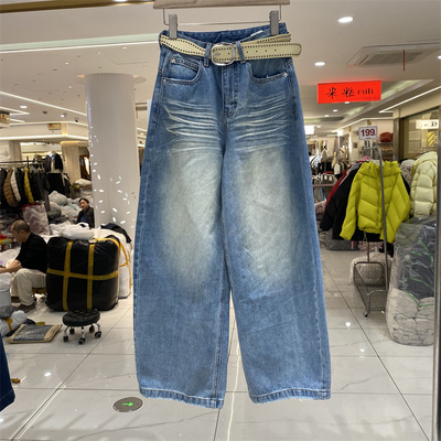 早春复古高腰显瘦阔腿牛仔裤女