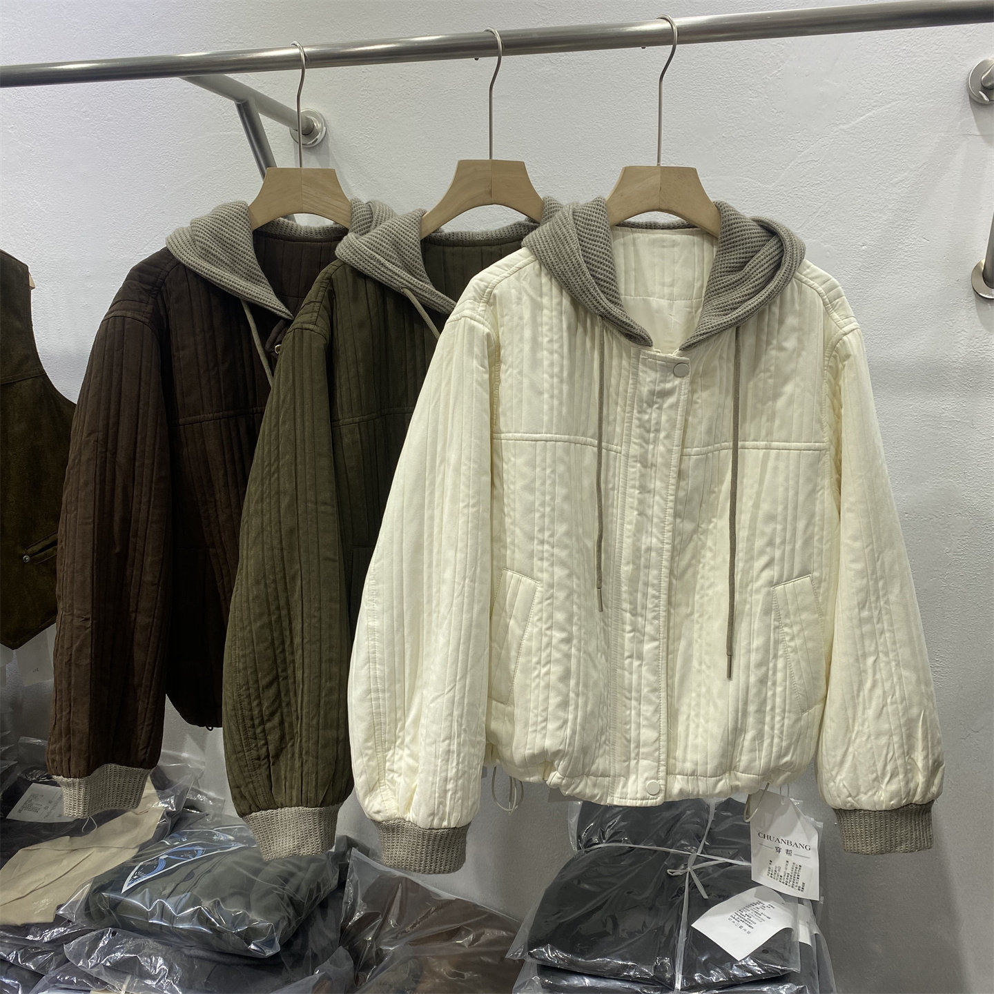 秋冬连帽假两件宽松薄款棉服女