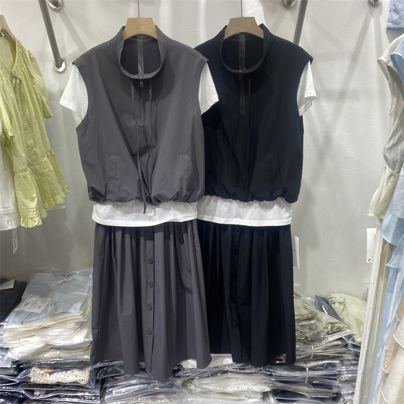 CB8853新款工装风两件套短袖马甲套装女时尚立领拉链收腰显瘦外套