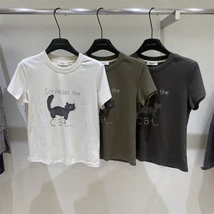 韩版2026春款卡通猫咪印花短袖T恤女春季百搭减龄休闲短款上衣潮