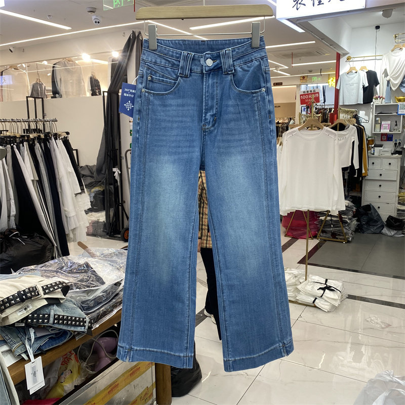 DMJ5337夏款四面弹高腰显瘦直筒牛仔裤女九分裤百搭小个子蓝色裤