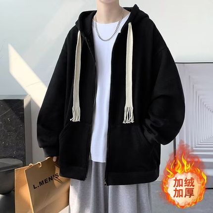 秋冬季港学生连帽开衫卫衣男韩版潮流宽松慵懒风加绒厚休闲外套