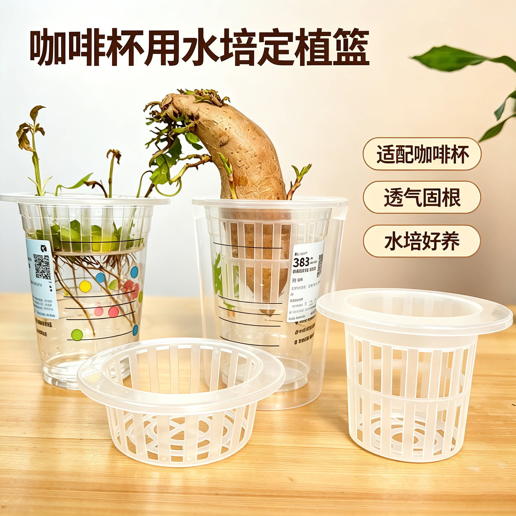 适用瑞幸咖啡杯子水培植物定植篮水养蔬菜红薯花卉奶茶饮料固定篮图片