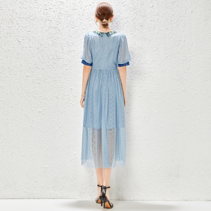 RM9016#蓝色法式复古泡泡袖水溶蕾丝刺绣拼接收腰连衣裙