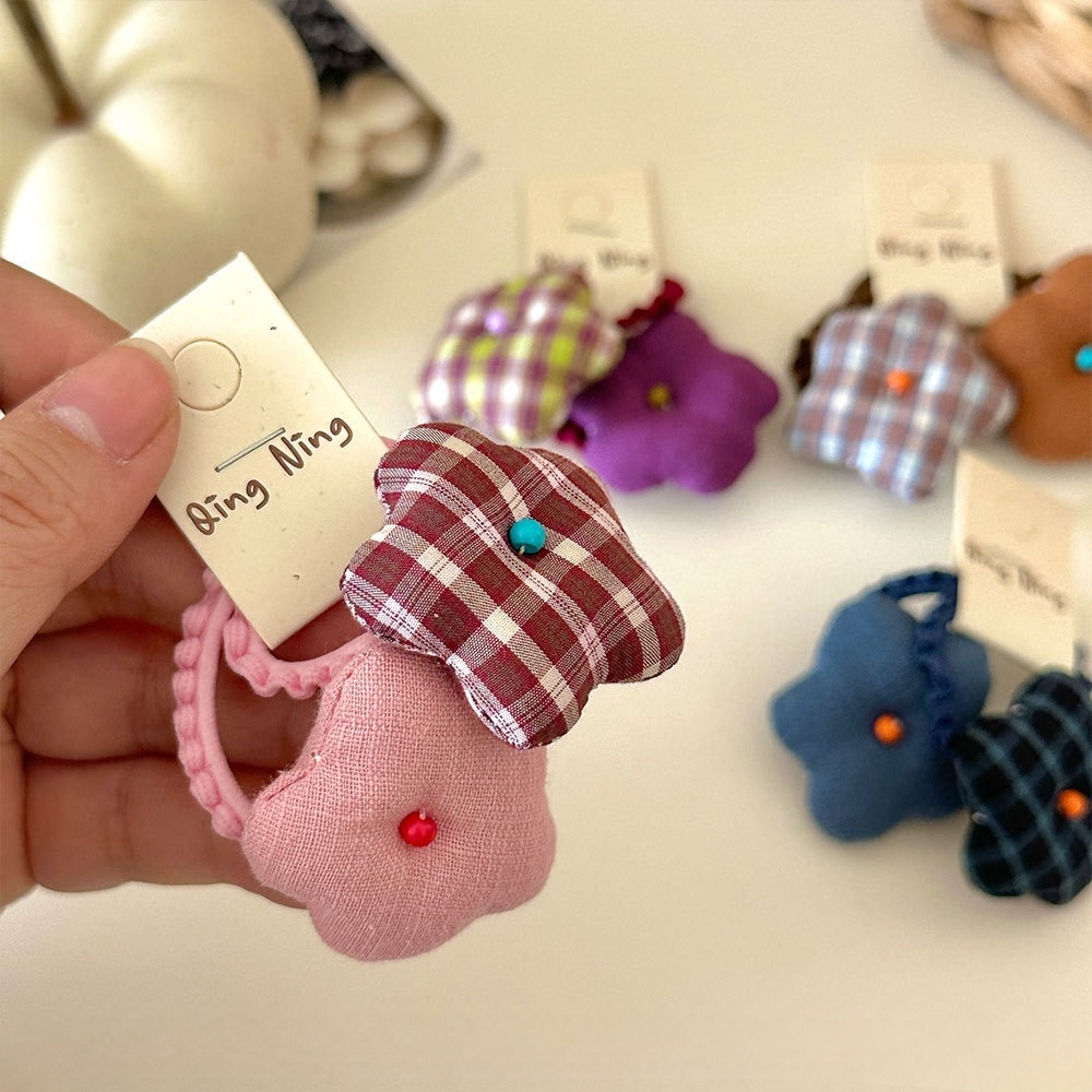 1对装~超甜充棉儿童花朵格纹发绳简约百搭扎马尾丸子头可爱皮筋女