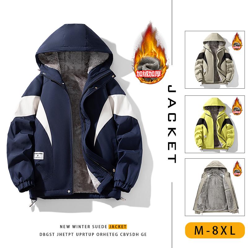 男士棉衣大码加绒加厚保暖外套秋冬青年潮牌胖子加肥加大连帽夹克