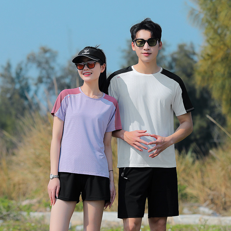 运动套装男冰丝T恤女圆领吸汗透气速干衣情侣短袖长裤跑步健身服