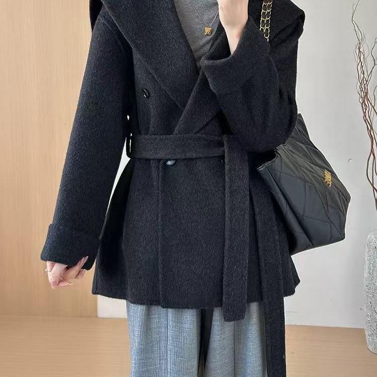 黑色双面羊毛大衣中长款