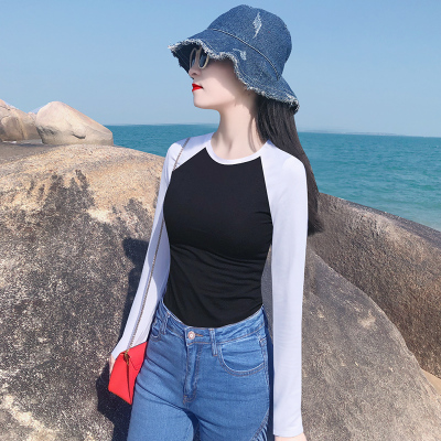 减龄拼接纯棉长袖修身T恤上衣