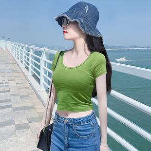韩版牛油果绿网红t恤女露脐短袖纯棉潮短款紧身高腰漏脐心机上衣