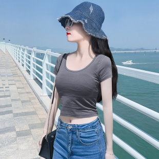 韩系夏季新款烟灰色大圆领纯棉短款露脐半袖T恤女小个子辣妹上衣