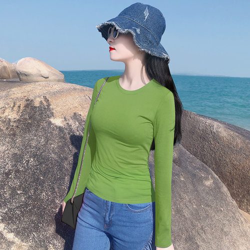 牛油果绿小圆领长袖T恤女打底衫