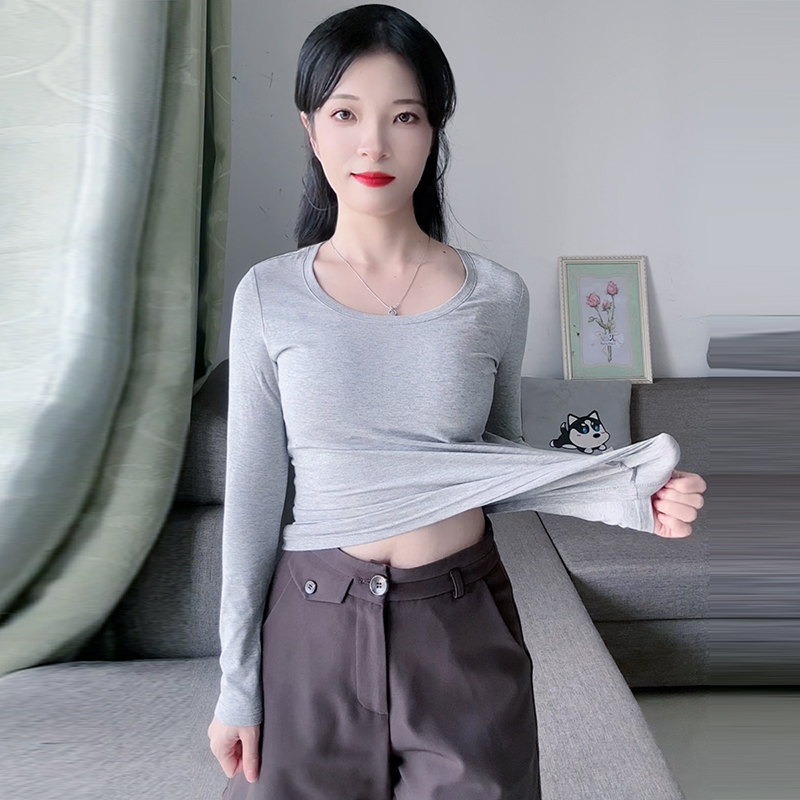 灰色大圆领纯棉长袖T恤女打底衫