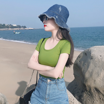 牛油果绿大圆领纯棉短袖T恤女