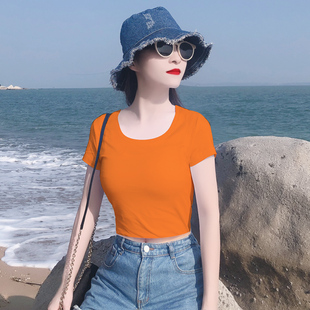 韩系短款修身圆领露脐高腰桔红色短袖纯棉T恤女小众设计感上衣ins