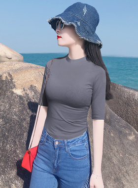 半高领烟灰色t恤女夏中袖纯棉打底衫五分袖紧身上衣2025春秋冬季