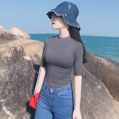 半高领烟灰色中袖女中袖五分