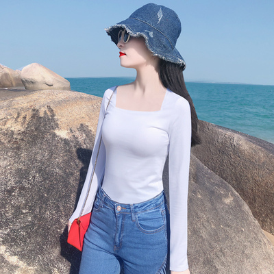法式浪漫露锁骨方领白色别致上衣