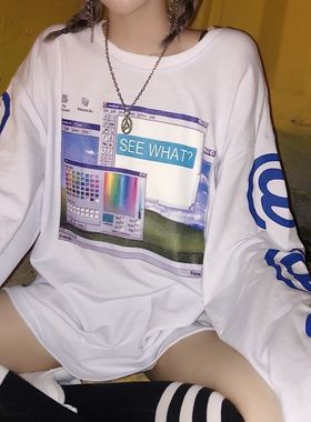 精选好物推荐  复古电脑界面设计感ins小众宽松慵懒风长袖T恤