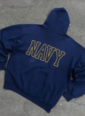 80 90年代美式复古藏蓝色小众设计感字母连帽衫大码高级感卫衣男