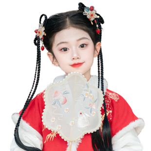儿童汉服假发一体发箍中国风拜年服头饰可爱辫子发包古风宝宝造型