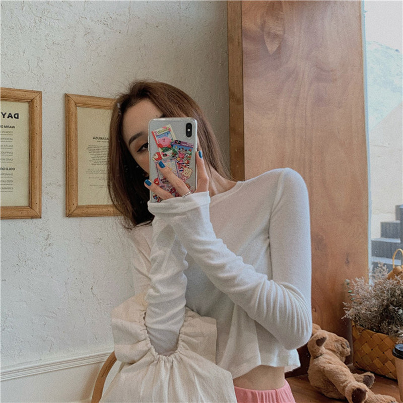 春夏白色短款修身长袖上衣女2023新款高腰露脐t恤性感薄款防晒T恤